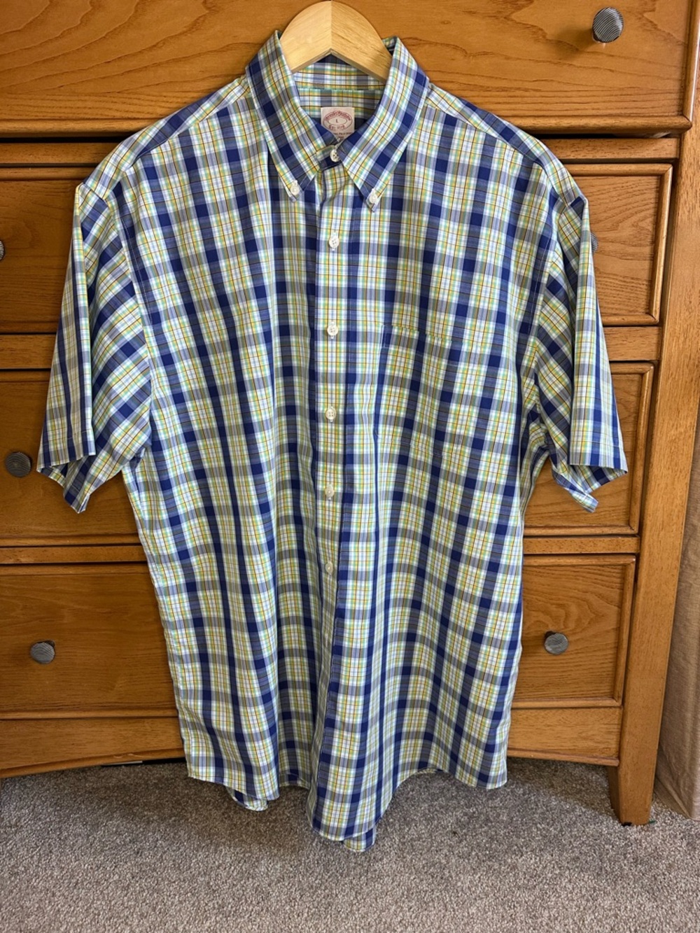 Brooks Brothers Blue Yellow Plaid Short-Sleeve Original Polo 100% Cotton Mens L